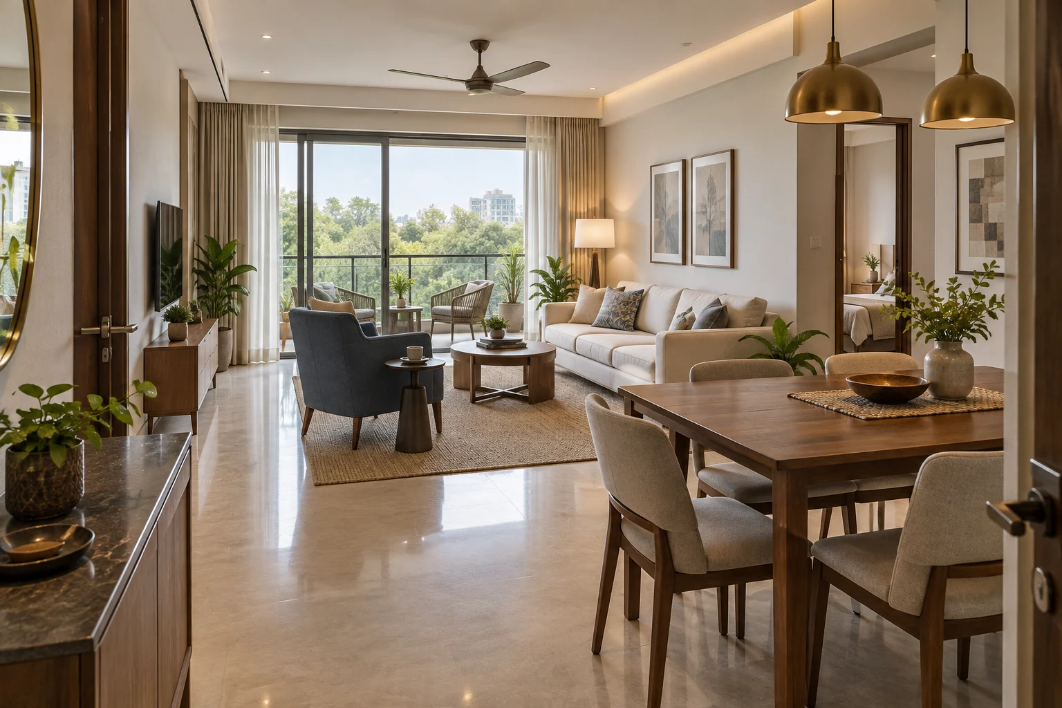 Illustrative apartment living and dining room layout