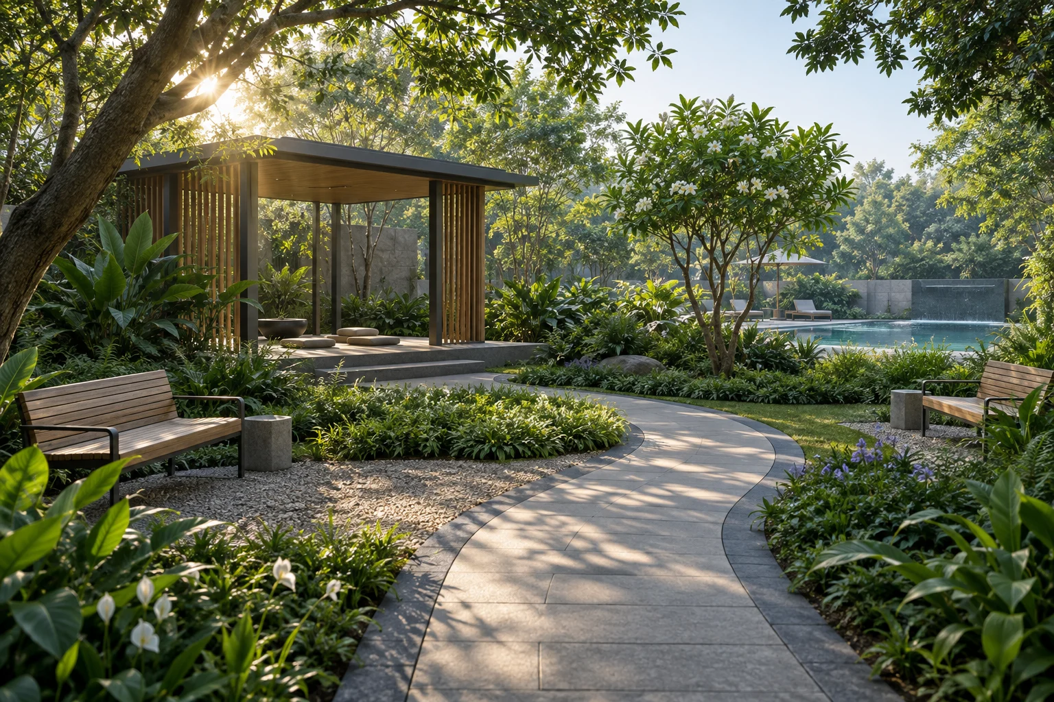 Illustrative landscaped courtyard and meditation pavilion