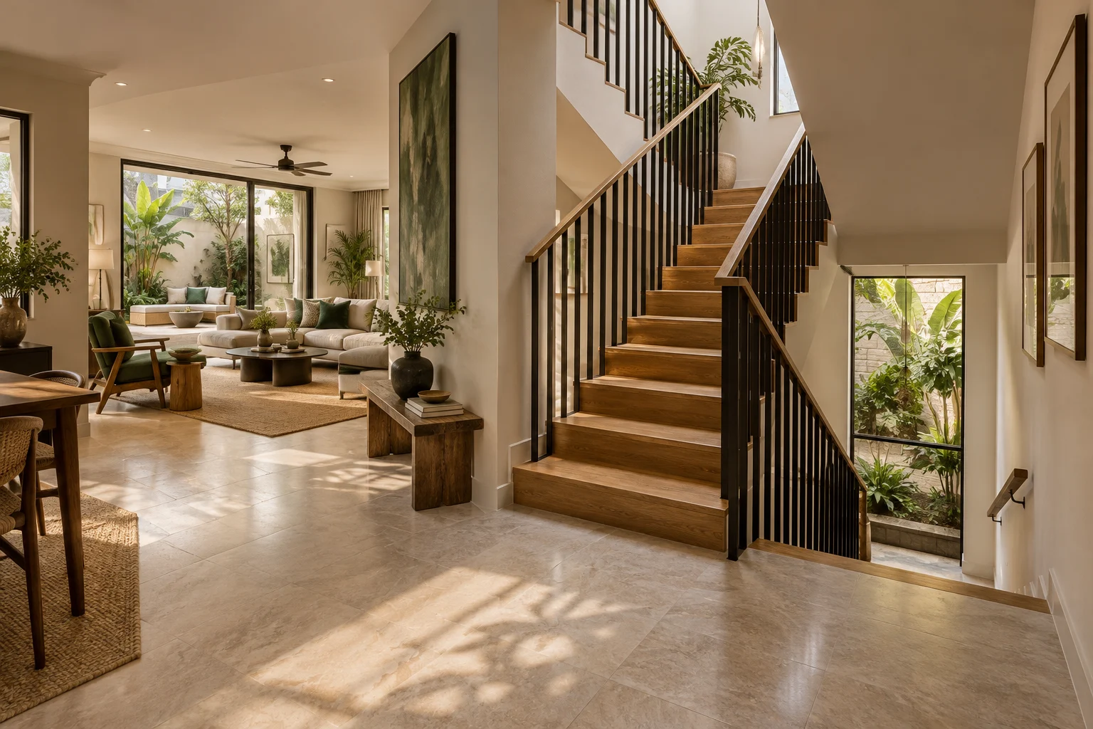 Illustrative staircase and lounge in a multilevel row house