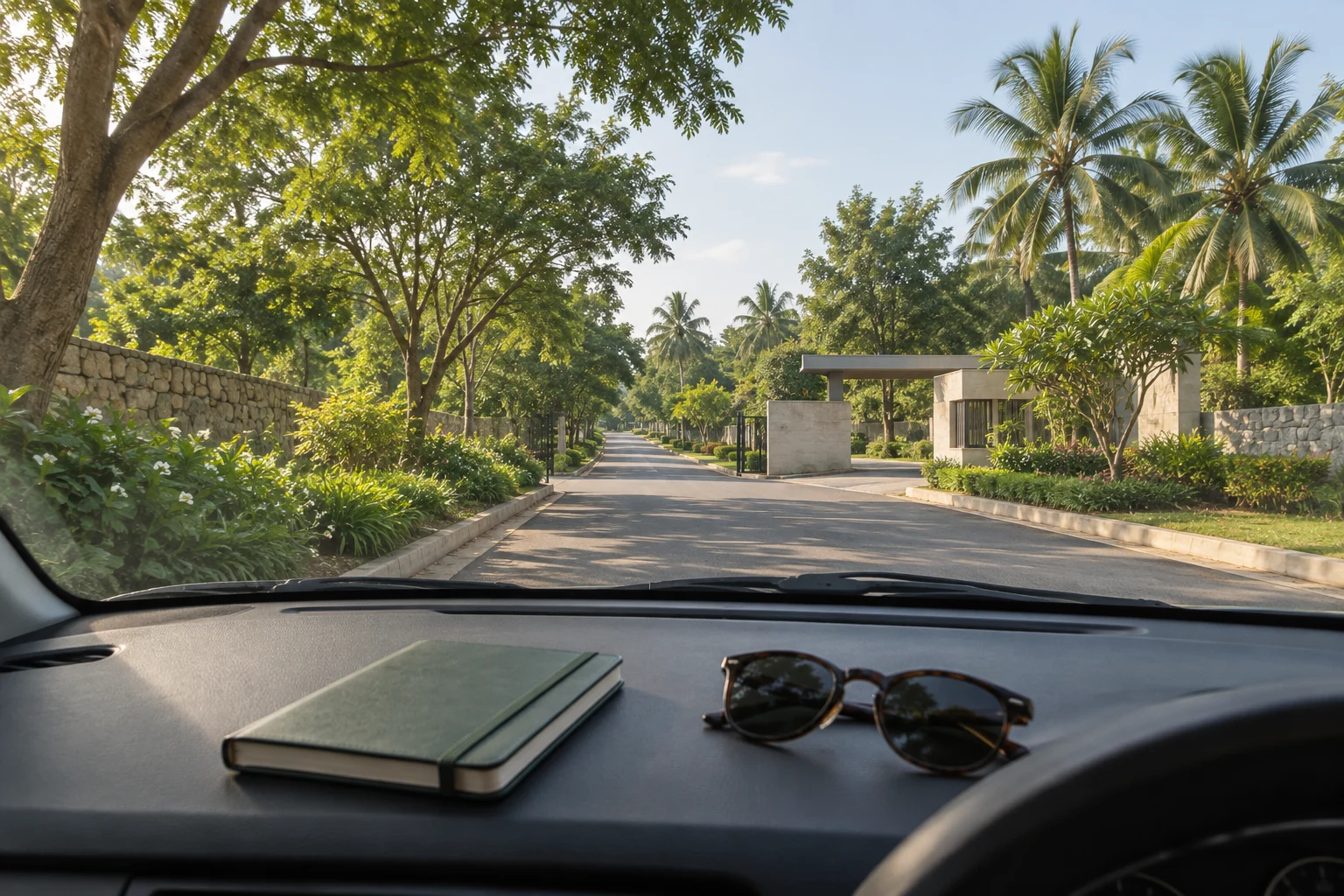 Illustrative view of a suburban approach road from a parked car