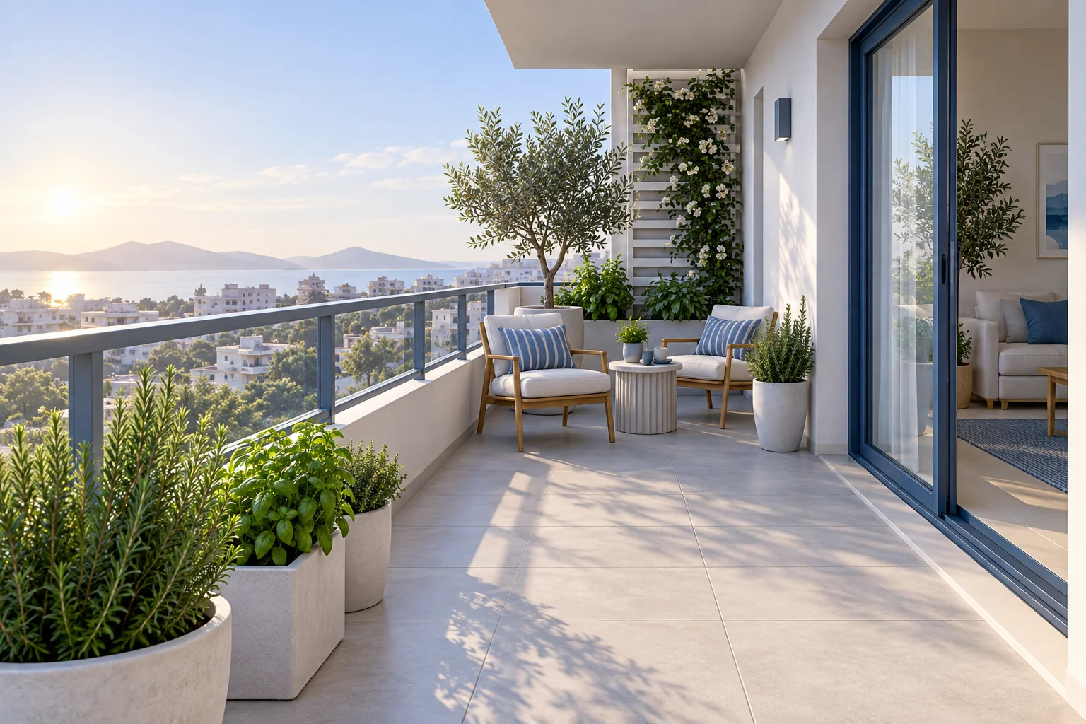 Illustrative apartment balcony with seating and potted plants