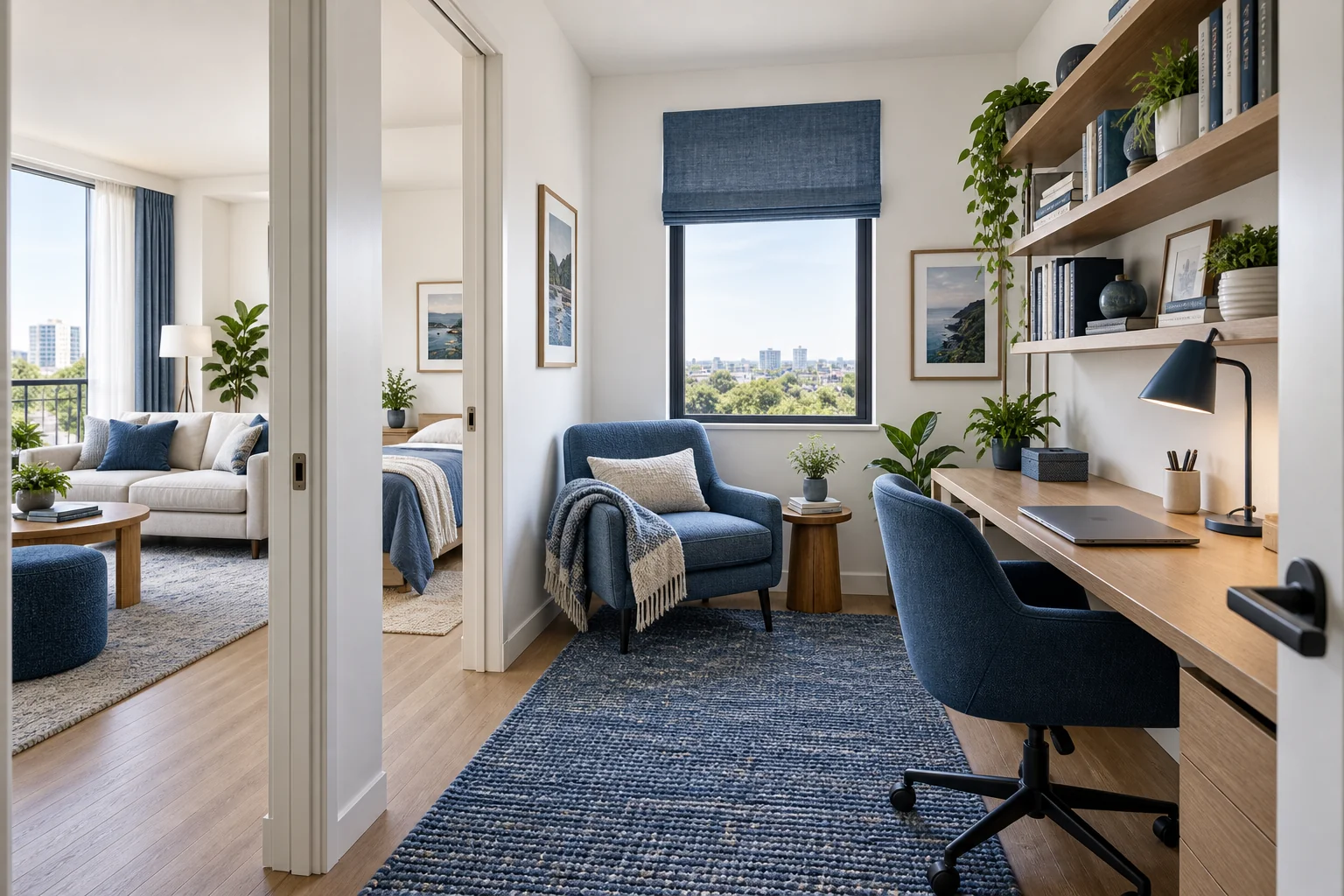 Illustrative compact apartment study with desk and shelving