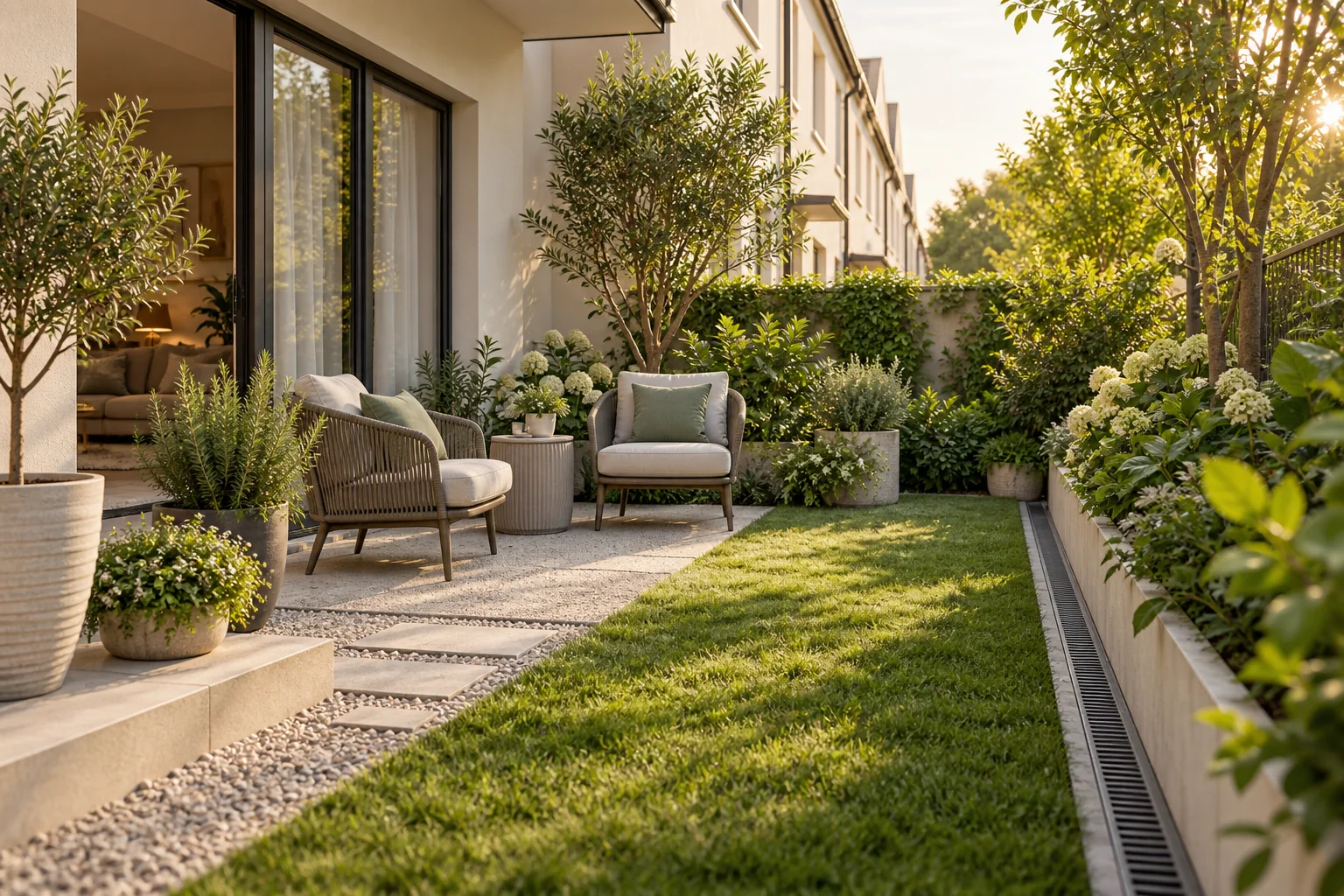 Illustrative private row house garden with outdoor seating