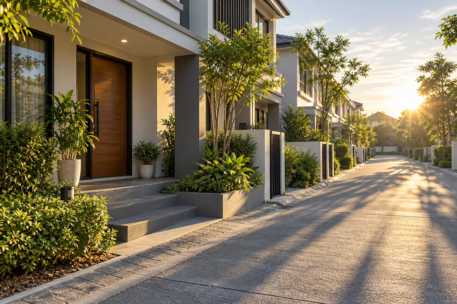 Illustrative row house entrance in morning sunlight