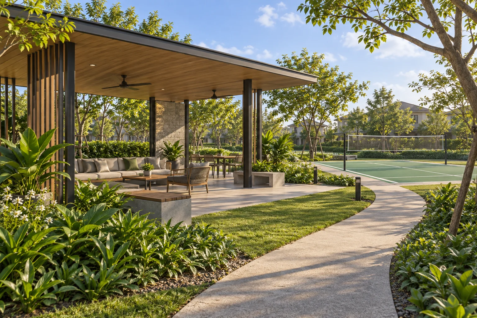Illustrative residential recreation pavilion and sports space