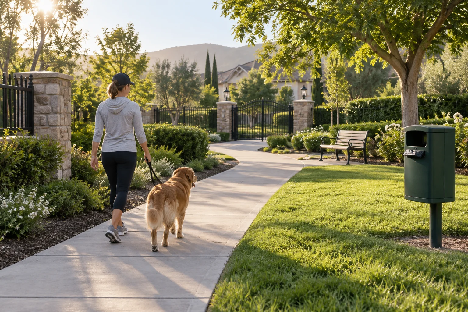 Illustrative adult walking a dog along a residential path