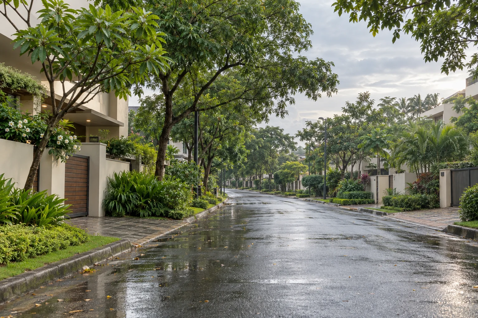 Illustrative suburban approach road after light rain