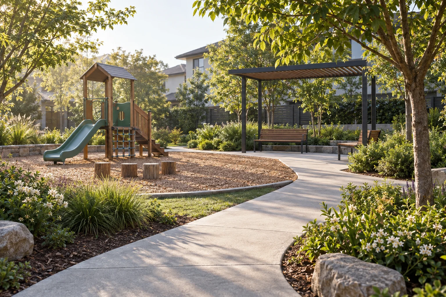 Illustrative residential play area with shaded caregiver seating