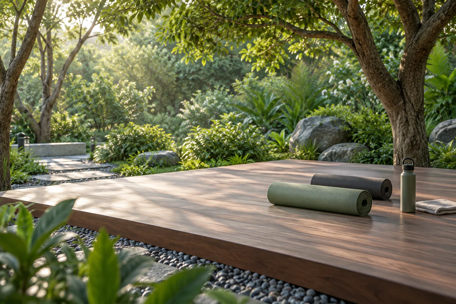 Illustrative yoga platform in a landscaped garden