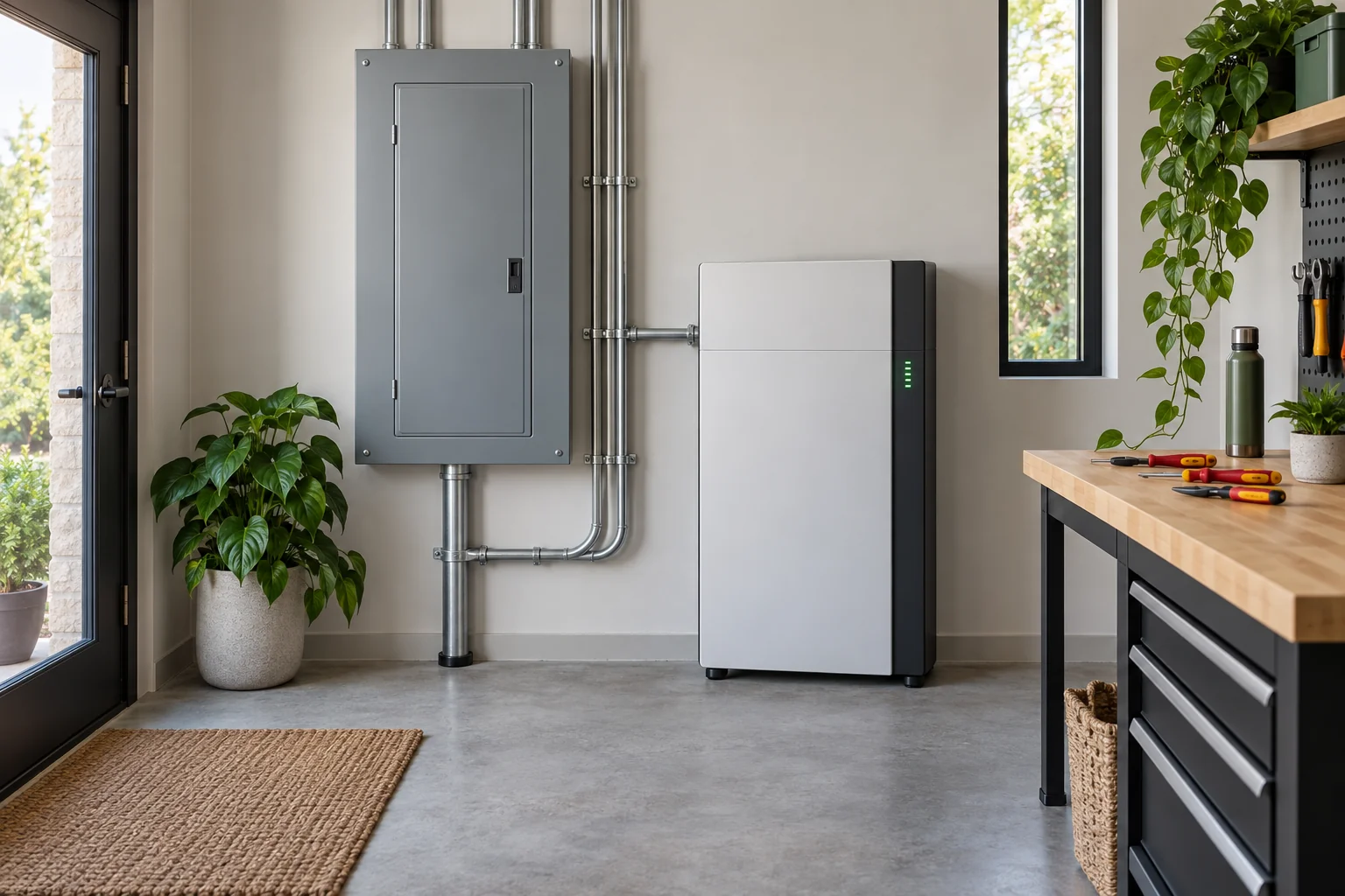 Illustrative closed electrical panels and backup equipment