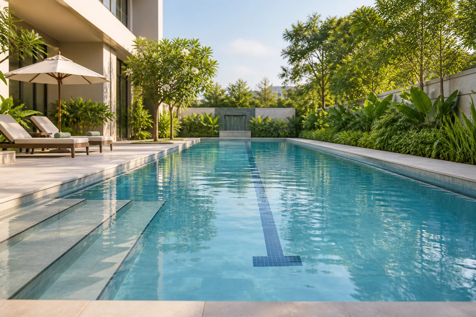 Illustrative residential swimming pool with a landscaped deck