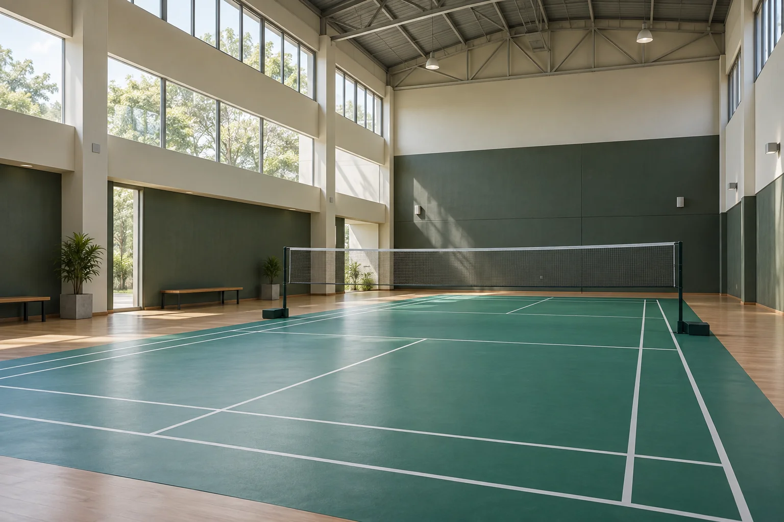 Illustrative indoor badminton court with natural light