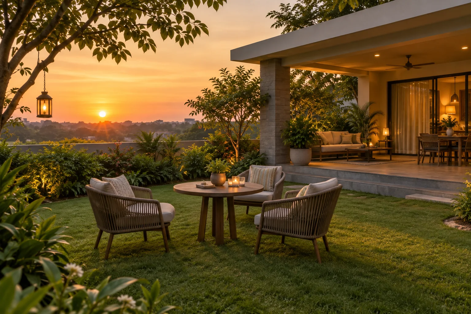 Illustrative garden gathering space with outdoor seating