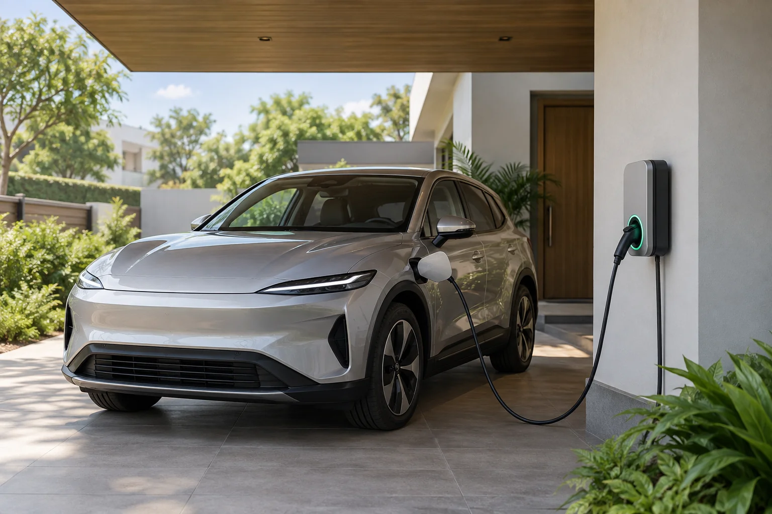 Illustrative electric vehicle charging in a residential carport