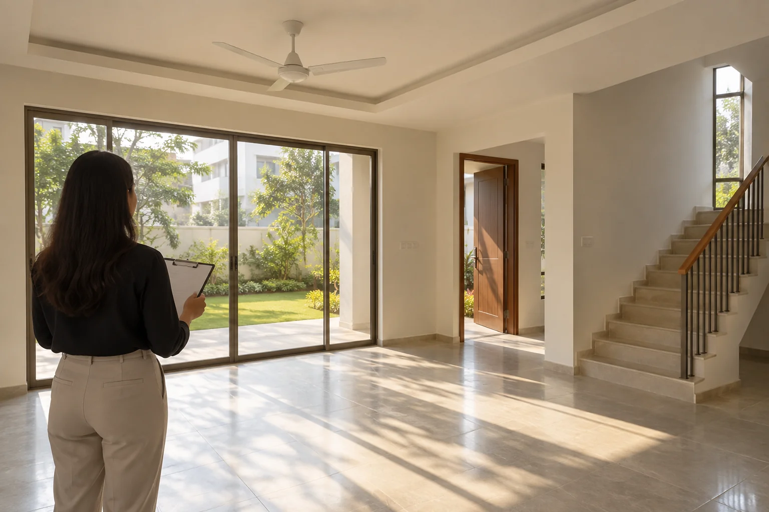 Illustrative visitor reviewing a sample residential living room