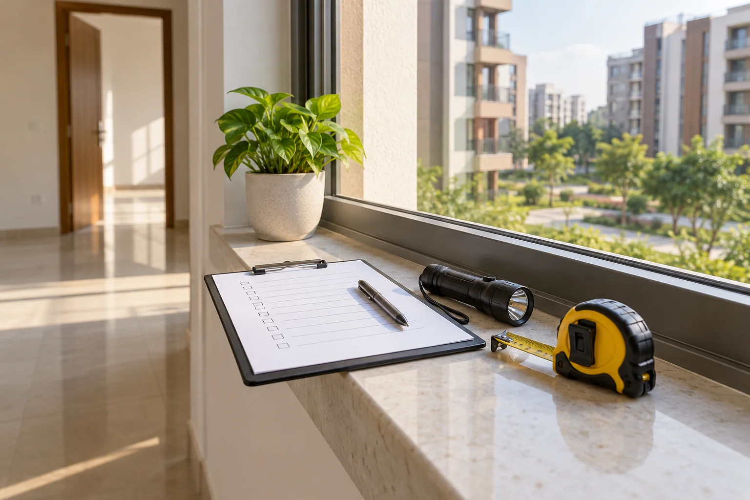 Illustrative home inspection clipboard and tools on a windowsill