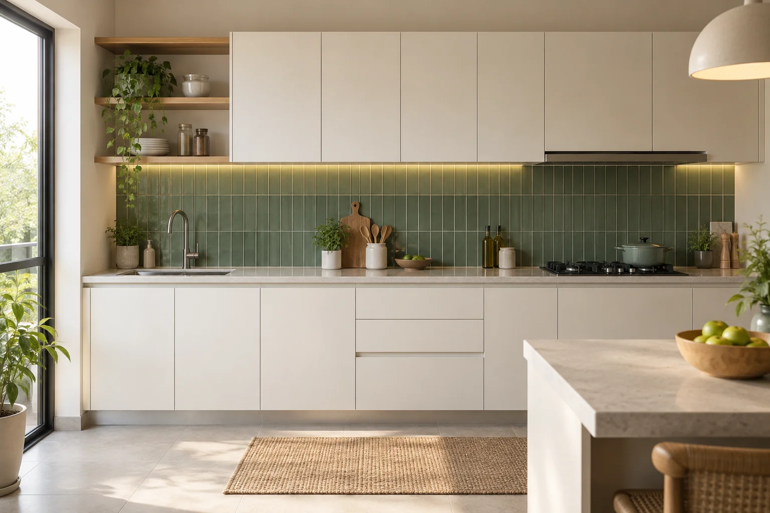 Illustrative kitchen with pale cabinets and a green backsplash