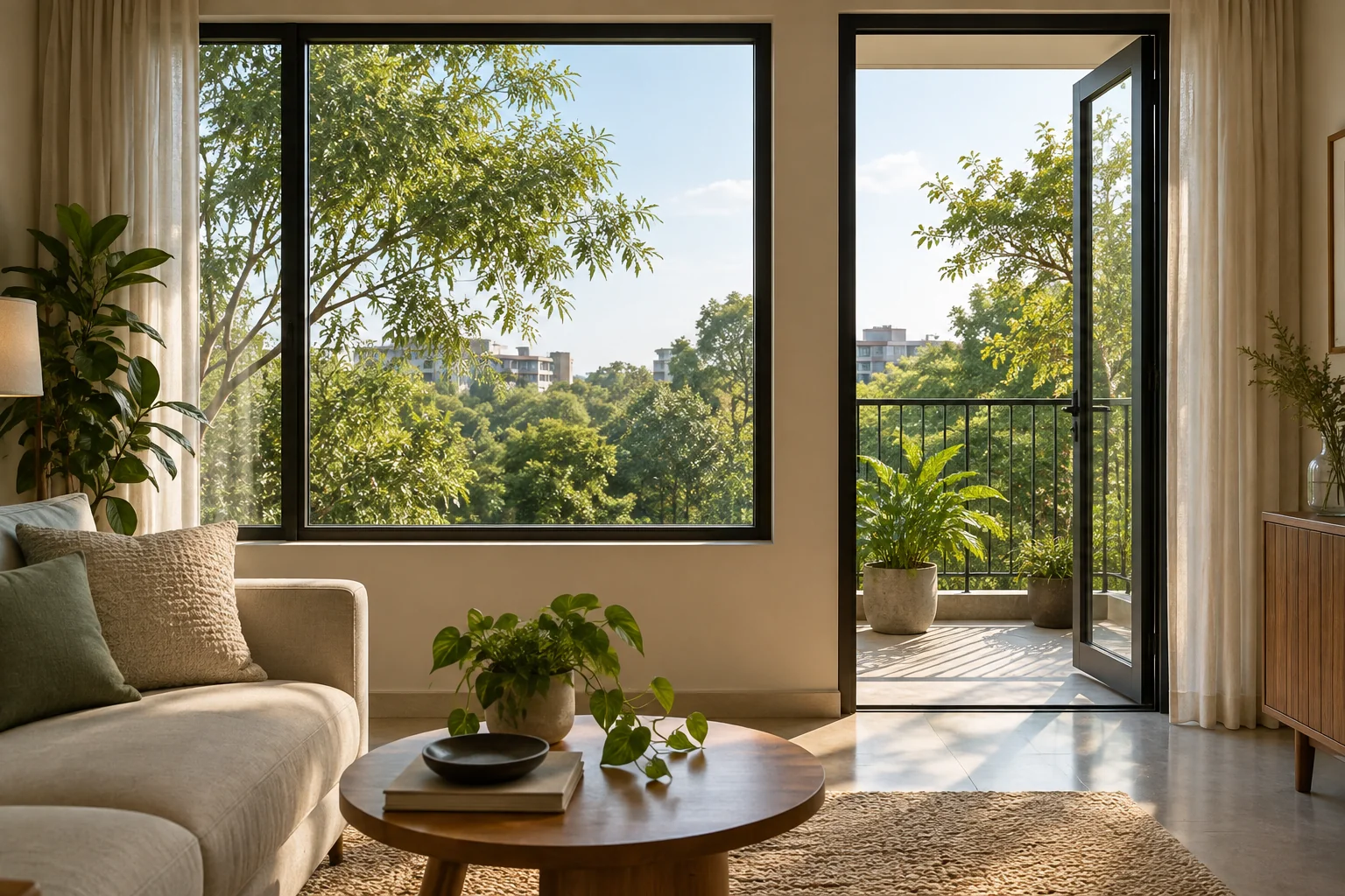 Illustrative framed residential window and balcony door