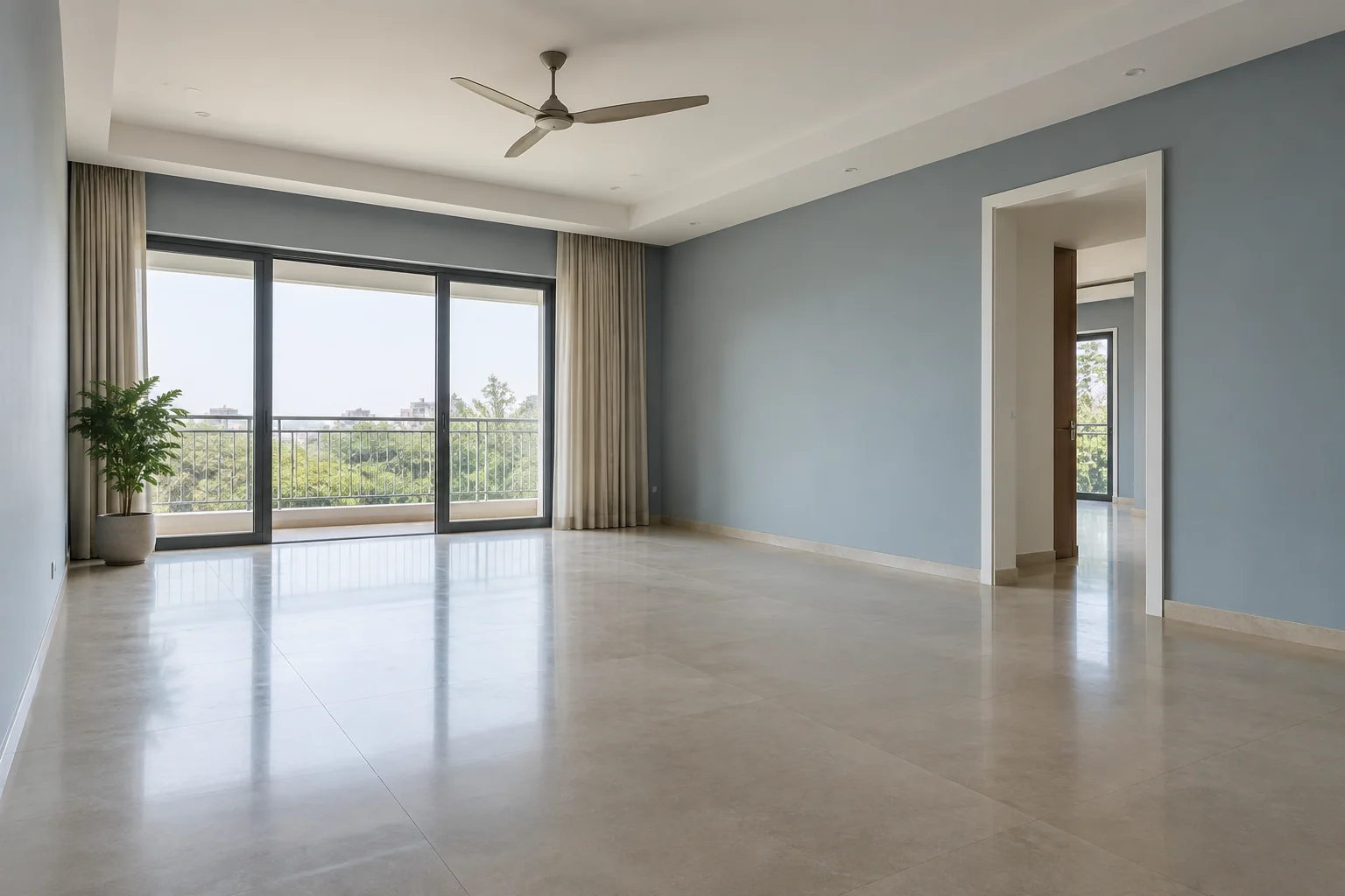 Illustrative empty living room showing ceiling and doorway proportions