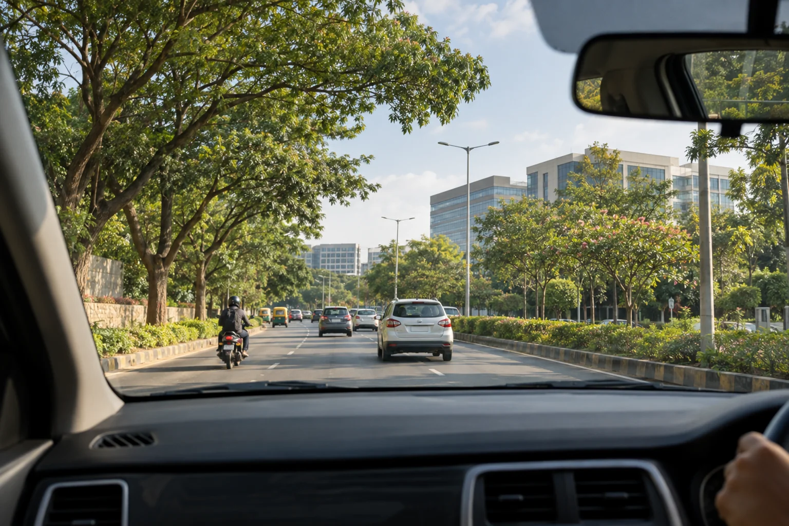 Illustrative suburban office commute viewed from a passenger seat