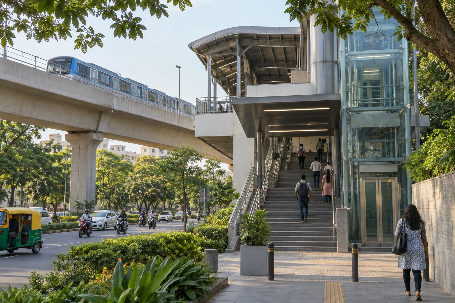 Illustrative elevated metro entrance on a suburban street