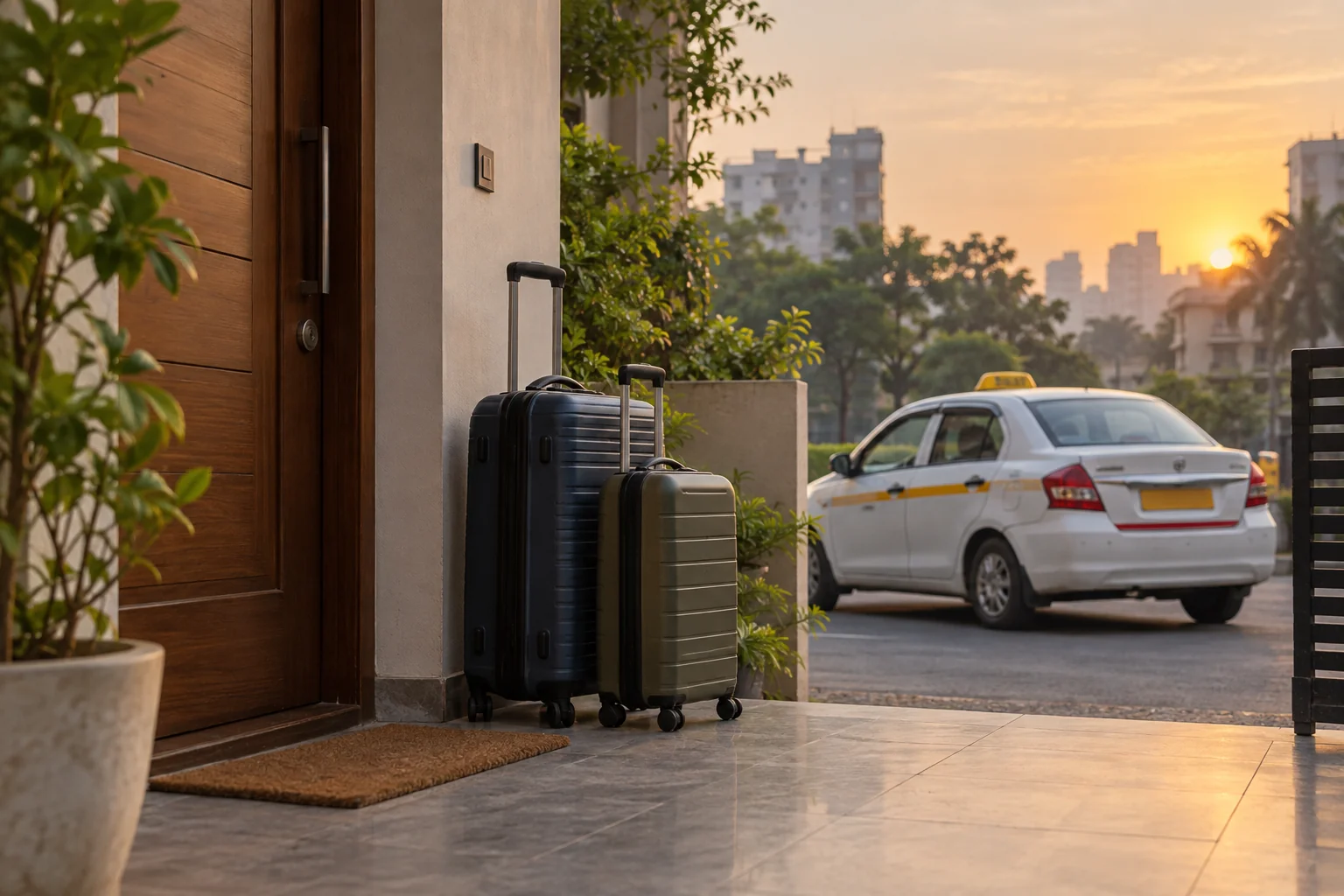 Illustrative luggage beside a residential entrance at dawn