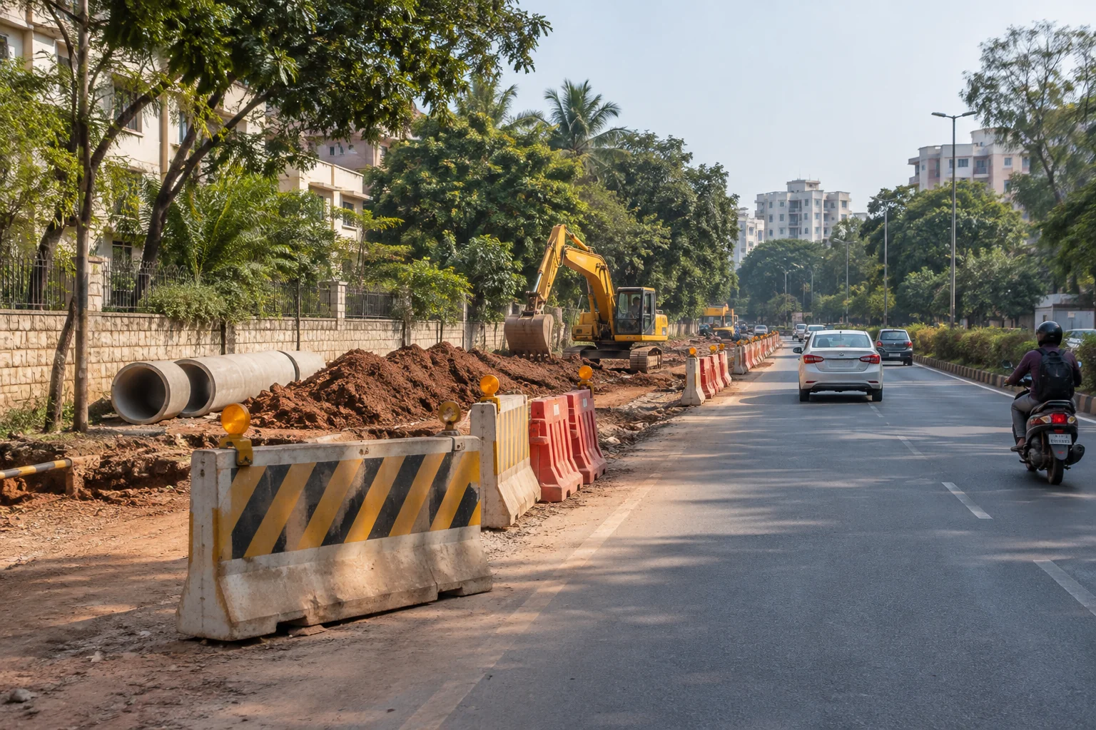 Illustrative road improvement work beside a suburban route