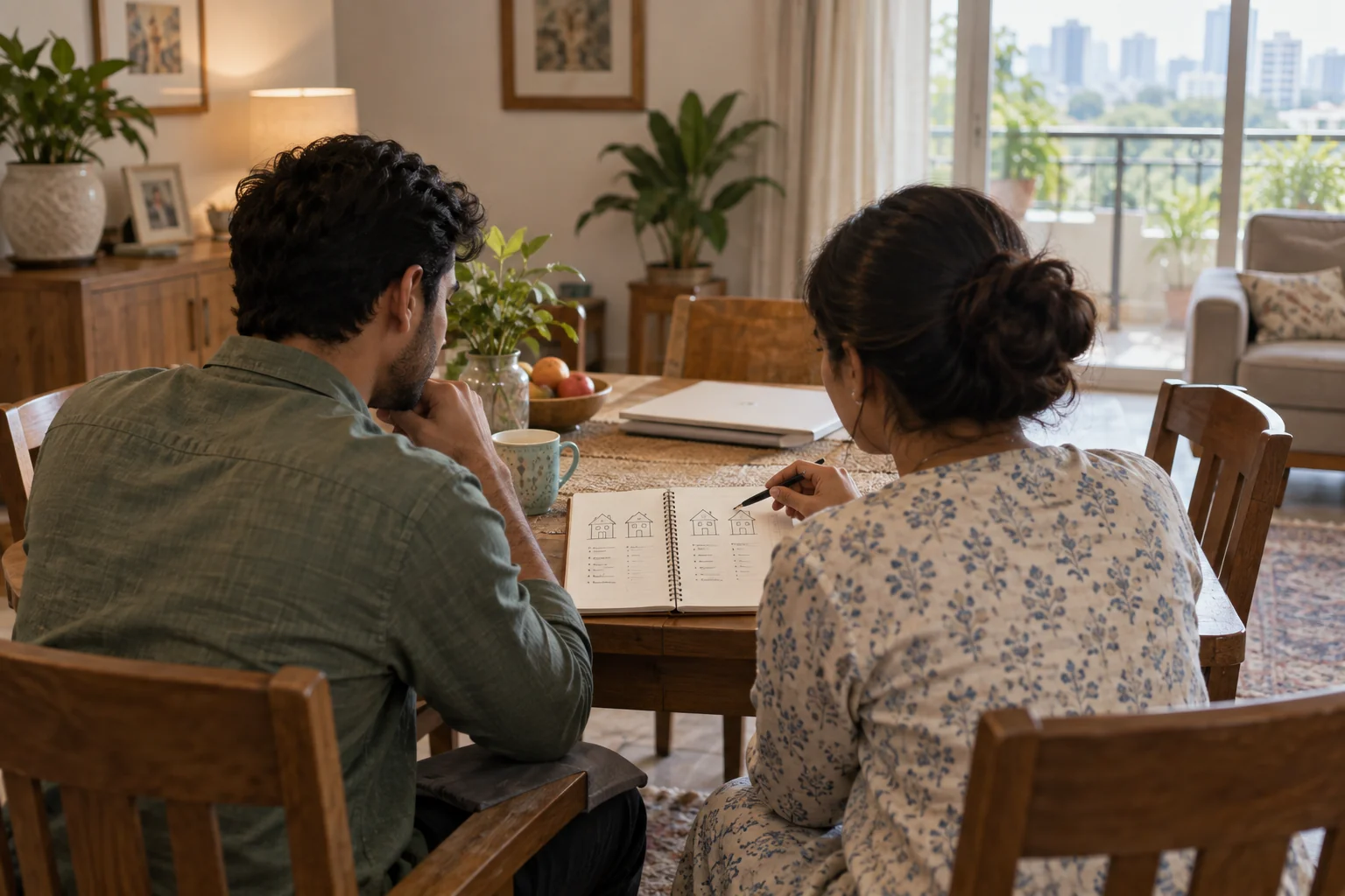 Illustrative household comparing home options at a dining table