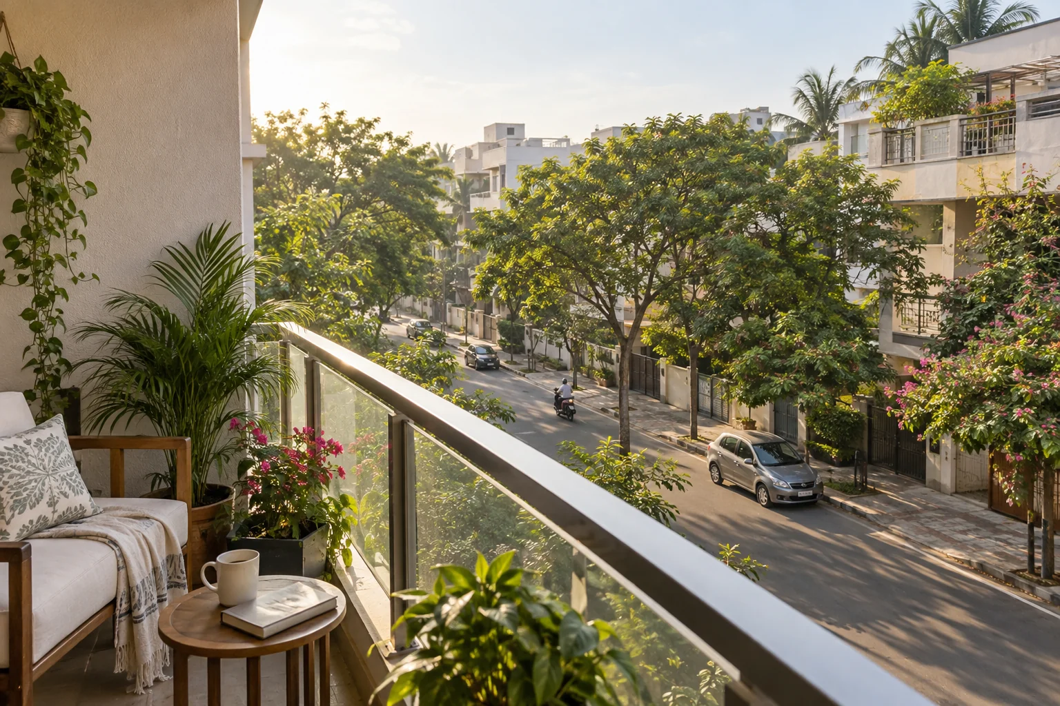 Illustrative balcony outlook toward a tree lined suburban road