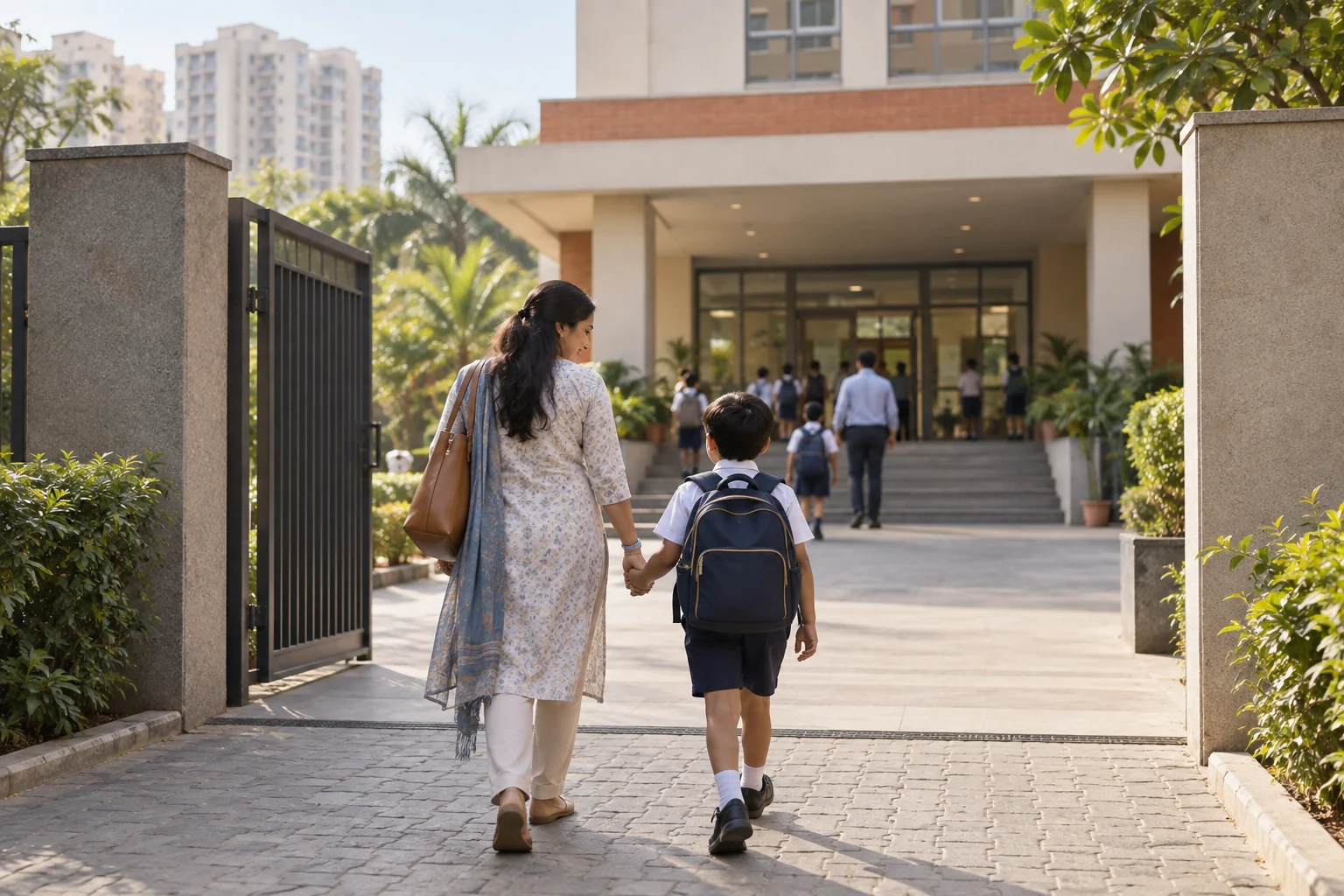 Illustrative parent and child approaching a generic school