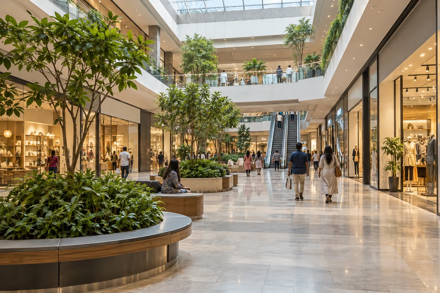 Illustrative shopping mall atrium with unbranded storefronts