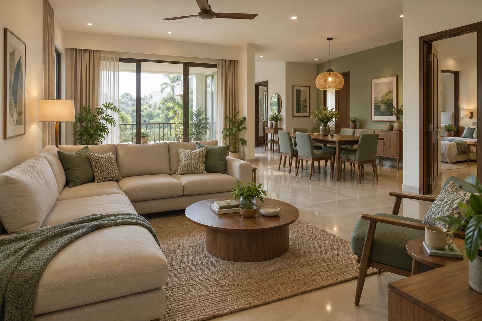 Illustrative family living and dining interior with green accents