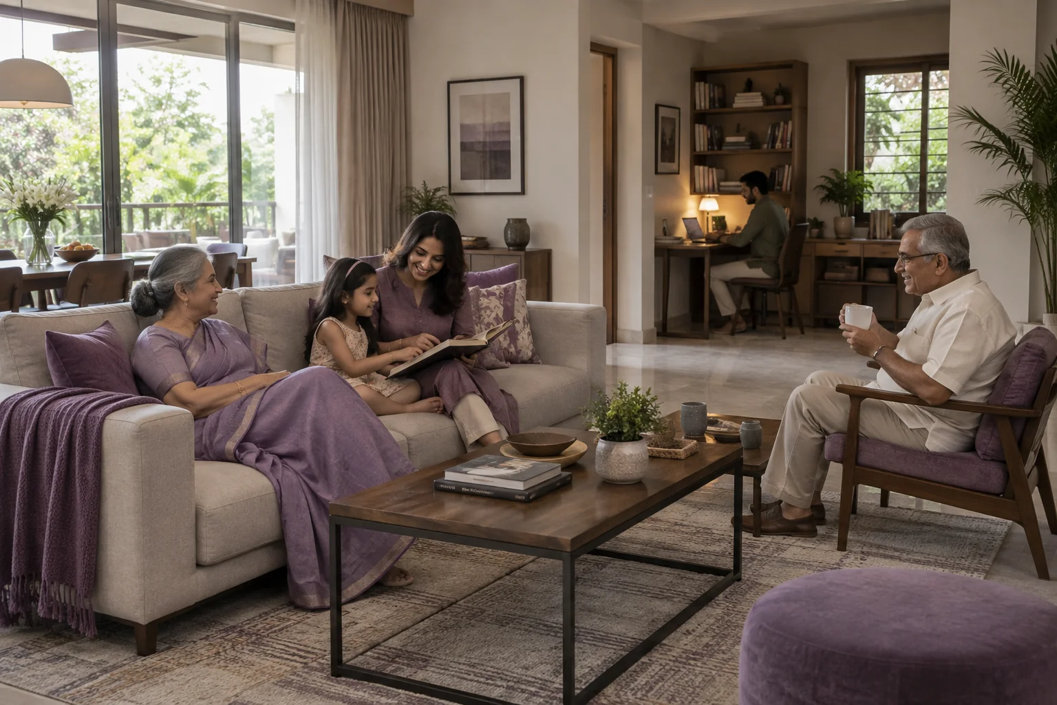 Illustrative multigenerational lounge and quiet study nook