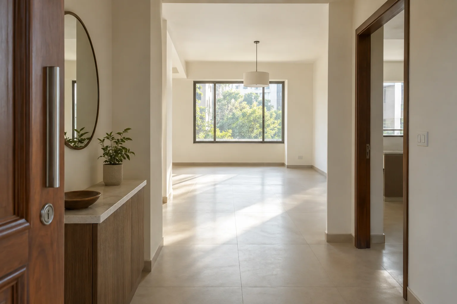 Illustrative entry foyer opening into an unfurnished dining room