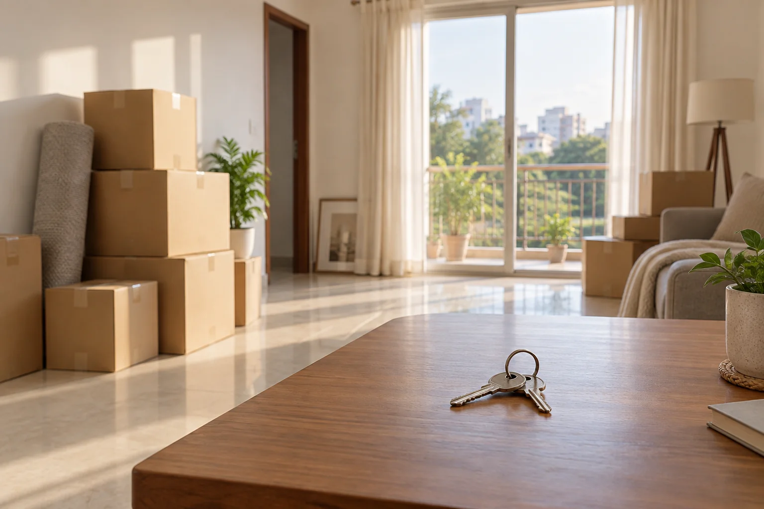 Illustrative moving boxes and house keys in an empty room