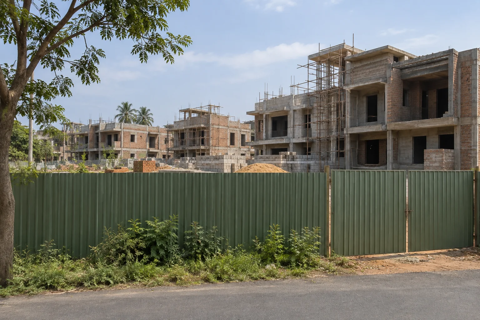 Illustrative low-rise construction viewed from outside a closed fence