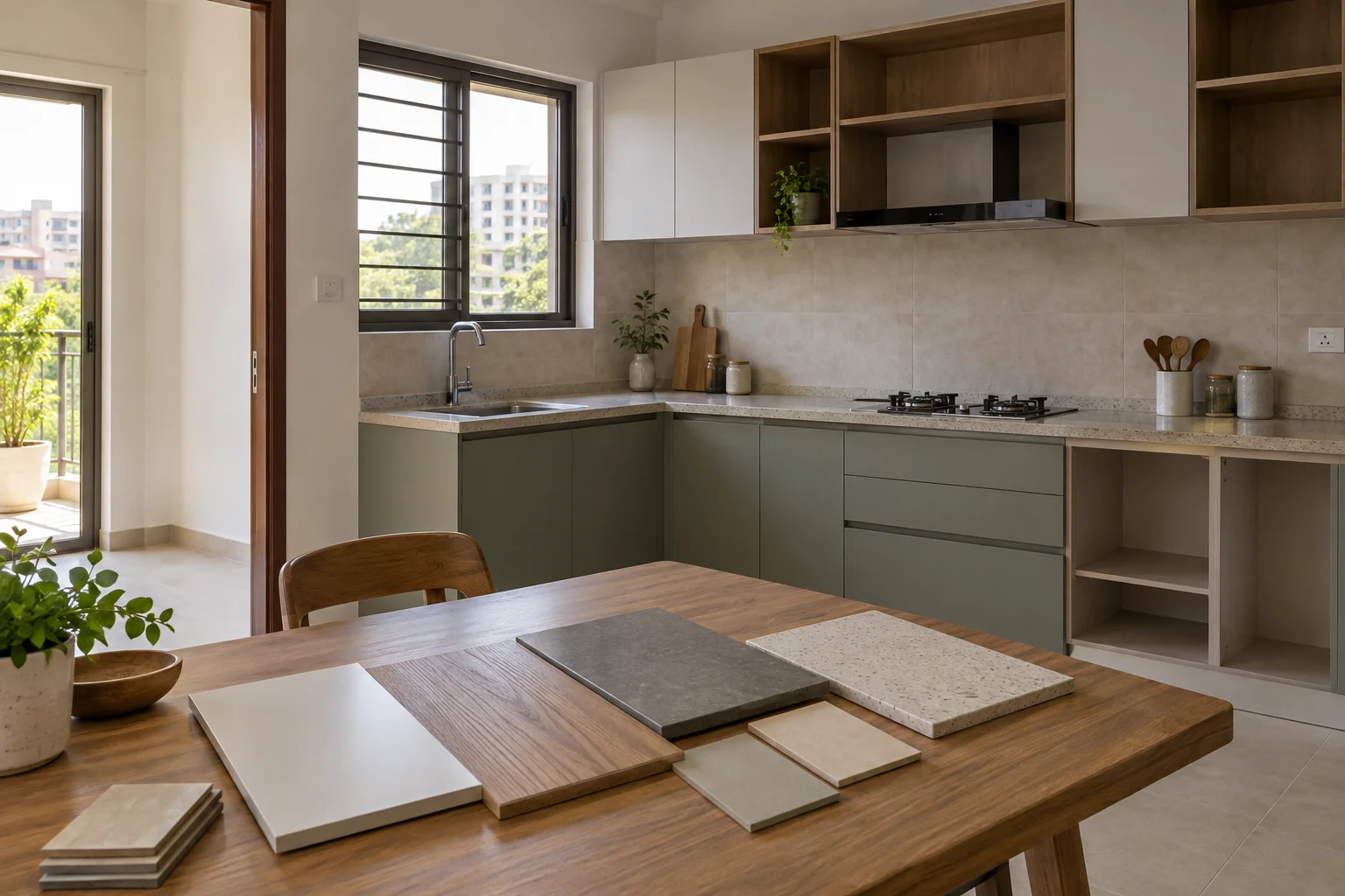 Illustrative partially furnished kitchen and separate finish samples