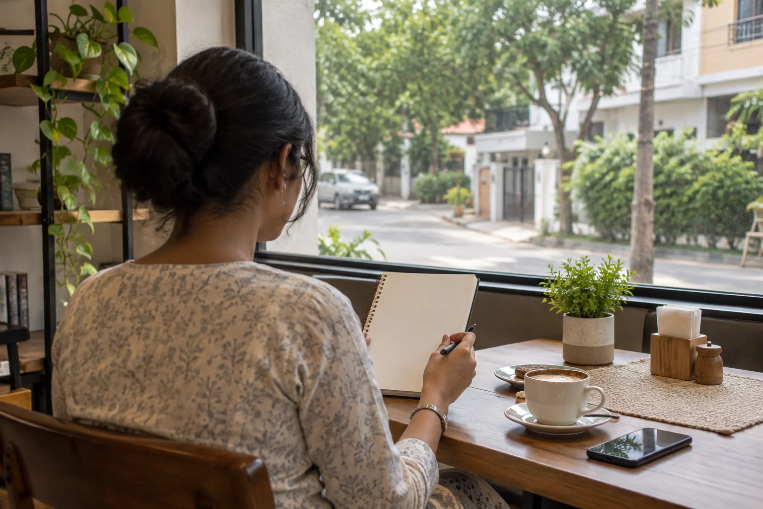 Illustrative buyer reviewing notes at a quiet cafe table