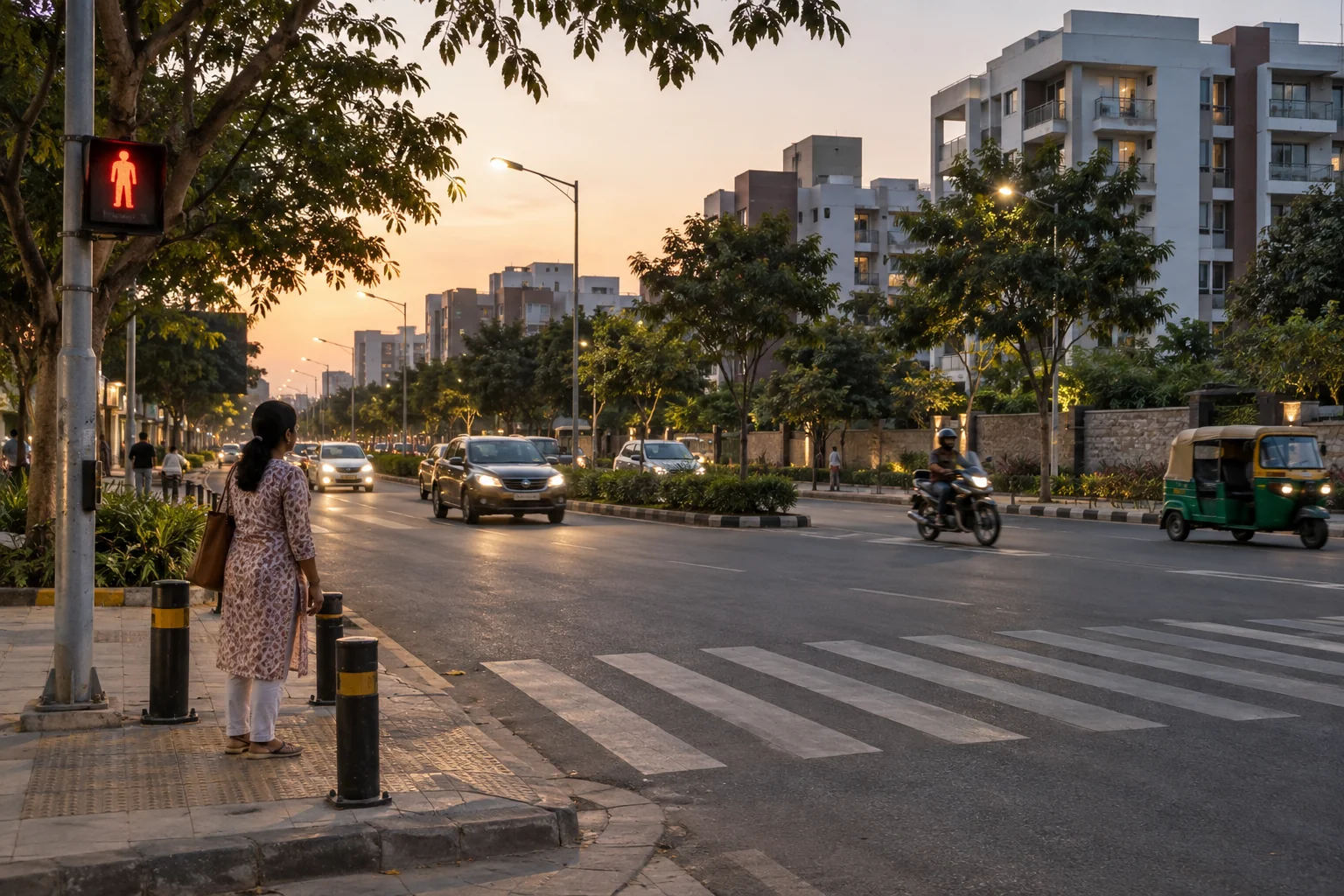 Illustrative suburban evening junction and pedestrian crossing