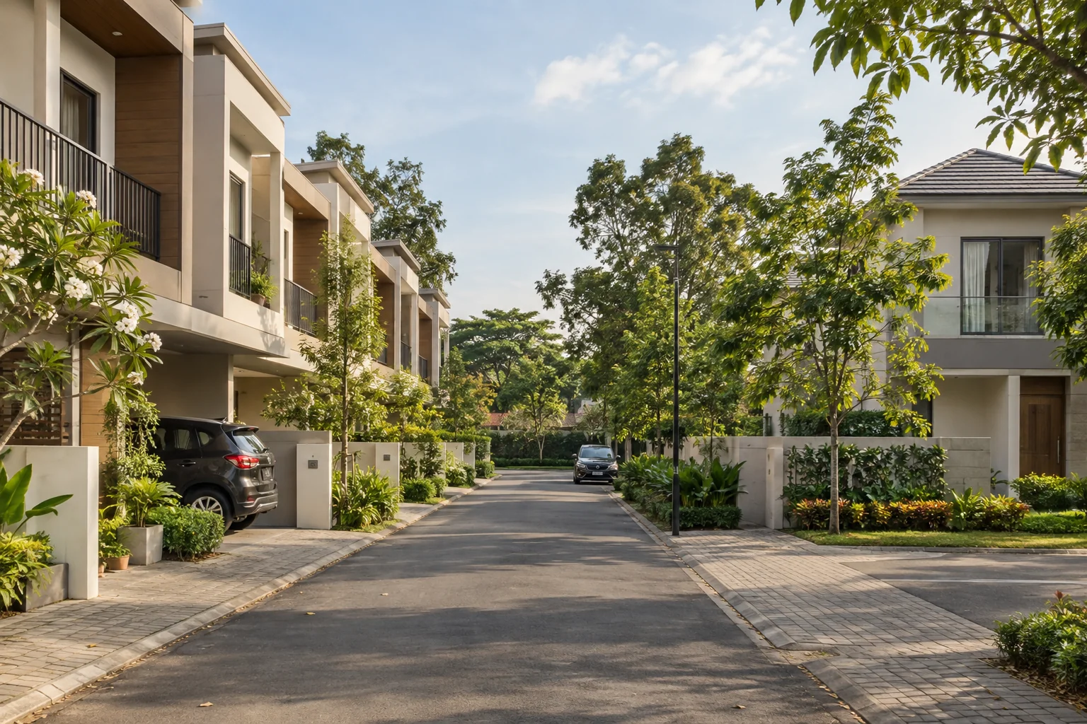 Illustrative attached row homes and a detached home across a landscaped lane