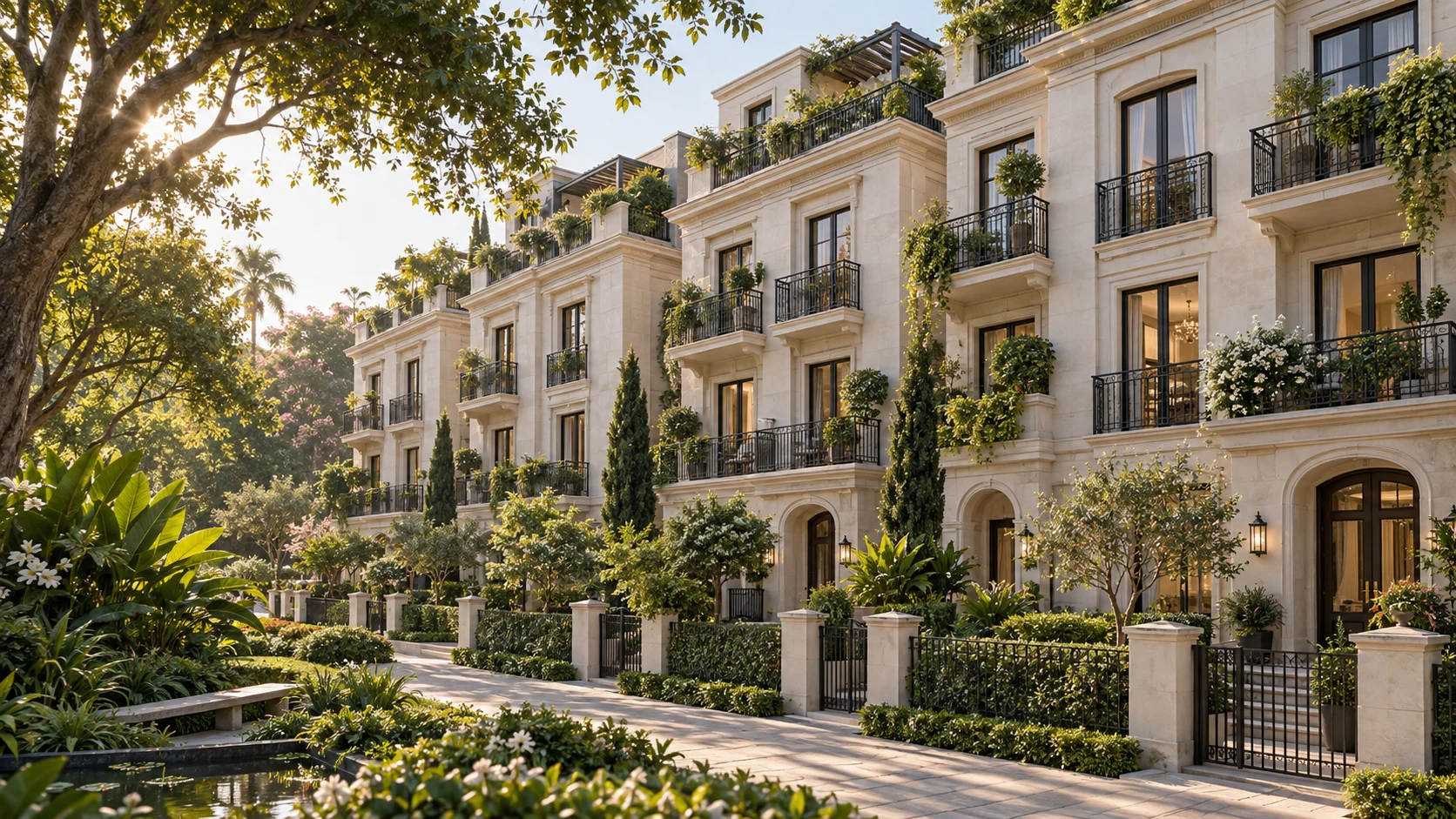 Concept illustration of French-inspired rowhouses and private gardens for Godrej Florenne; not actual project photography
